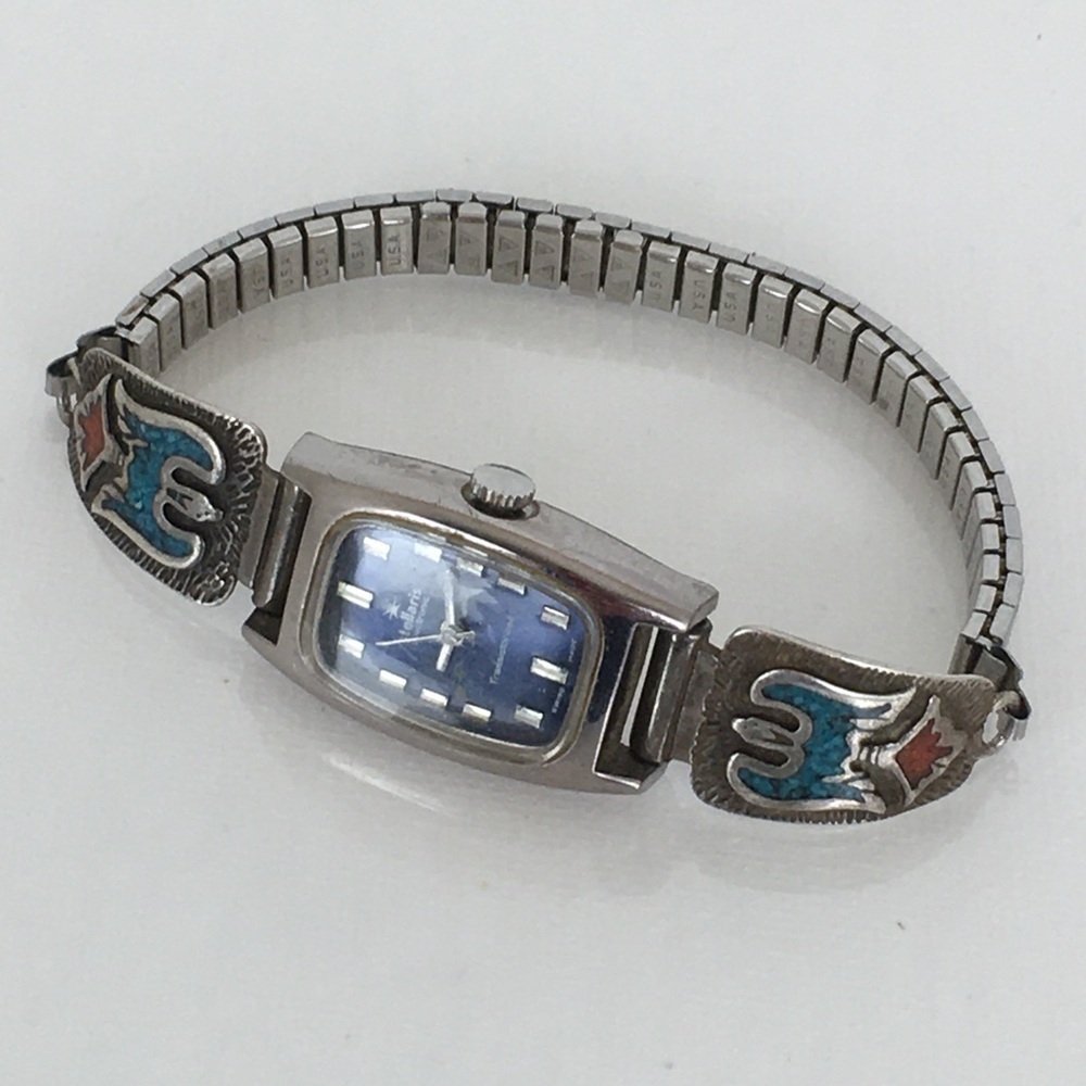 Vintage Navajo Native American Watch Sterling Silver Turquoise Coral Thunderbird